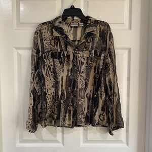 Chico's 100% Silk Semisheer Blouse Top Size 3 Long Sleeve Abstract Button Down